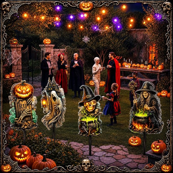 4 Pack Halloween Yard Signs 15'' Large Outdoor Halloween Decorations Metal Scary Garden Stakes Witch Skeleton Skull Pumpkin Tombstone Decorative Art Rust Proof for Outside Yard Lawn Patio