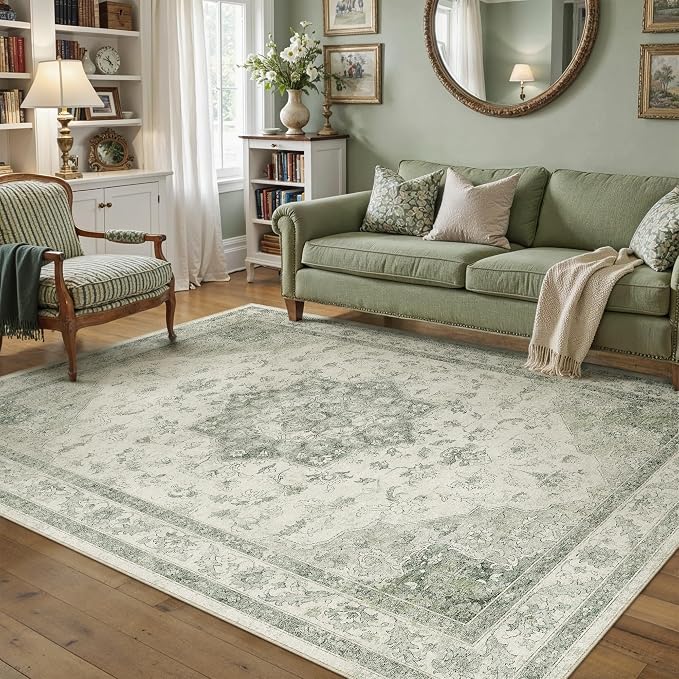 Green 5x7 Washable Area Rug Living Room Vintage Oriental Carpet | Soft Low Pile, Non Slip, Stain Resistant, Floral Medallion, Neutral Retro Decor for Bedroom, Dining Room, Kids Room, Office