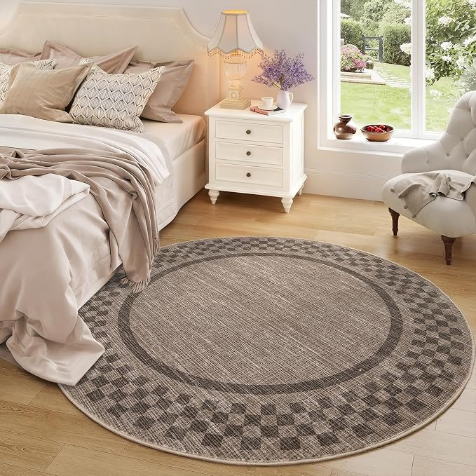 GarveeHome 6ft Washable Round Rug for Entryway Checkered Bedroom Circle Rug | Non Slip Soft Dining Room Throw Carpet Large Stain Resistant Border Round Rugs for Living Room Kitchen Bathroom, Brown