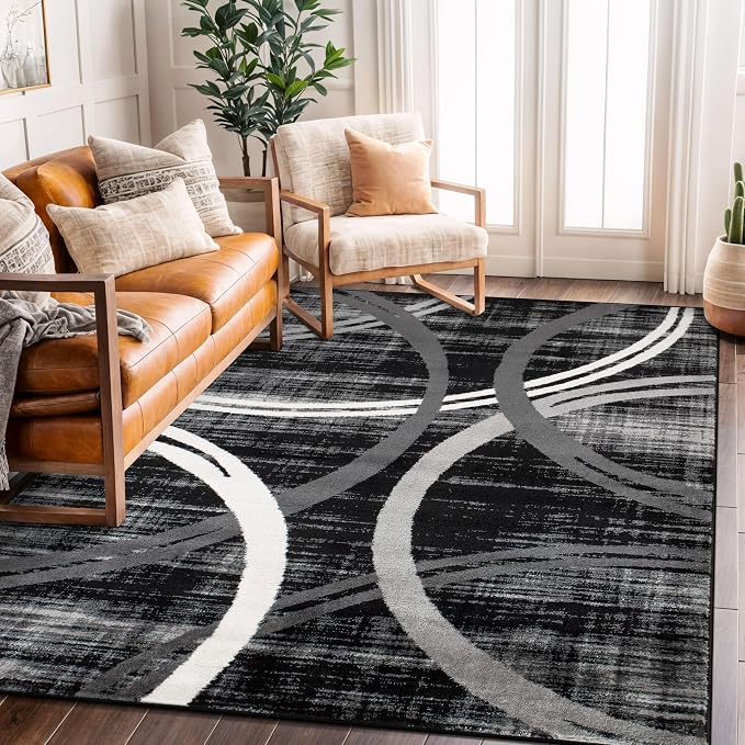 Rugshop Wavy Circles Modern Jute Backing Area Rug Black 5'3" x 7'3" | High Traffic,Fade Resistant, Living Room, Bedroom, Dining Room, Home Office, Kitchen, Entryway, Hallway, Nursery,Basement