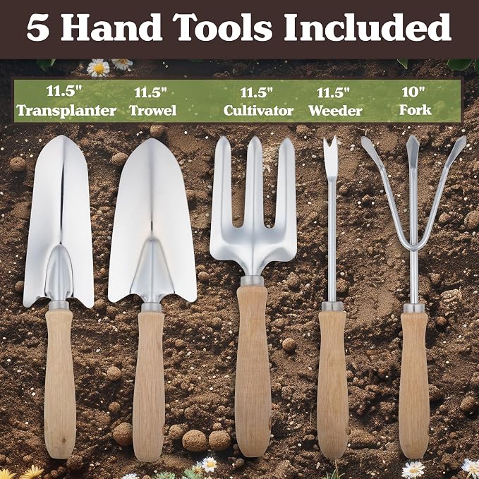Pure Garden Garden Tools Set - Folding Stool with 250lb Capacity, Detachable 7 Pocket Bag, and 5 Gardening Tools for Weeding and Planting (Gray)