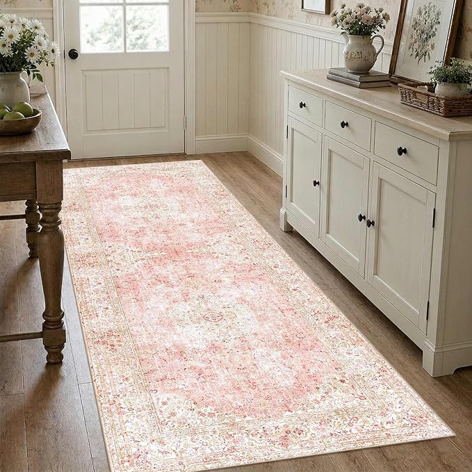 Latte&Fog 2.6x8 Washable Hallway Runner Pink Rug for Kitchen Non Slip | Low Pile Soft Cute Throw Rug Doormat for Entrance Bathroom Laundry Bedside Bedroom Nursery Playroom Hallyway Dorm Office