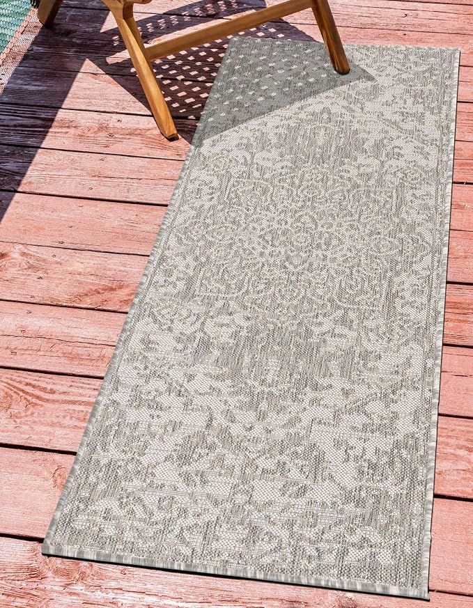 Unique Loom Outdoor Collection Area Rug - Dubai (2' x 8' Runner, Gray/ Ivory)