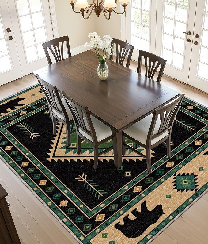 Southwestern Rug 5x7 - Native American Bear Cabin Area Rugs for Living Room Bedroom, Rustic Boho Machine Washable | Non-Slip | Soft Large Carpets, Aztec Home Decor (Green Tan Black)
