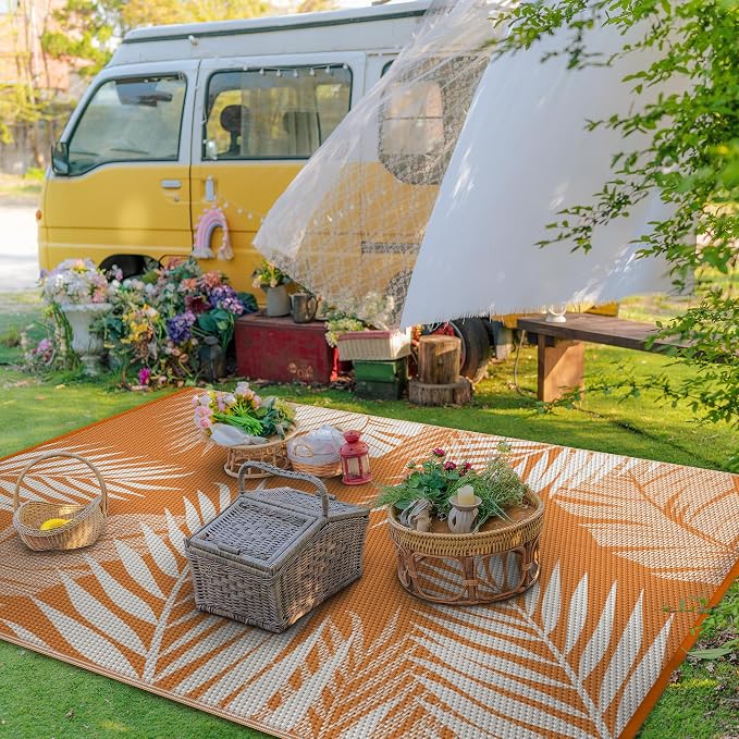 GENIMO Outdoor Rug 6' x 9' Waterproof for Patios Clearance, Reversible Outdoor Plastic Straw Camping Rug Carpet, Large Area Rugs Mats for RV, Camper, Deck, Balcony, Porch, Beach, Picnic, Orange&White