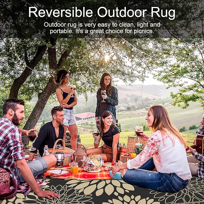 Ileading Waterproof Outdoor Rug 5x8, Reversible Plastic Straw Patio Rug, Portable Indoor Outdoor RV Camping Mat Carpet for Deck, Porch, Balcony, Backyard, Picnic, Floral Black