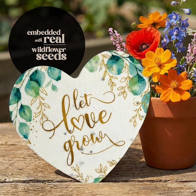 50pcs Large (2.5" h x 2.85" w) Printed Let Love Grow Heart-Shaped Seed Paper – Writable & Plantable Wildflower, Mom's Gift for Birthday, Use for Wedding, Baby Shower, & Heart Party Favors