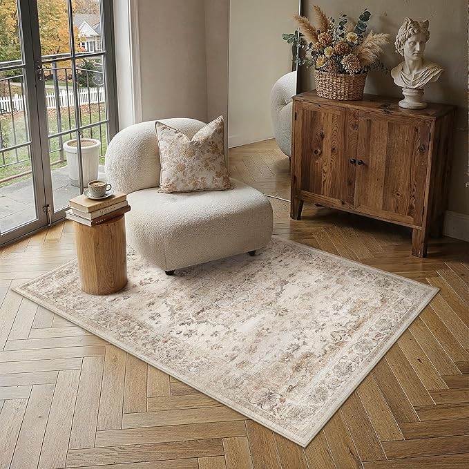 Beige Area Rug 4x6 Living Room Vintage Floral Non-Slip Carpet | Machine Washable, Soft, Low Pile, for Bedroom, Dining Room, Kids Room, Nursery, Office, Retro Neutral Decor