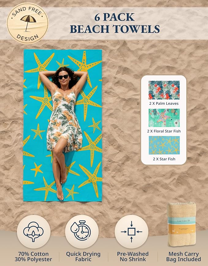 LANE LINEN Turkish Towels Set of 6, Beach Towels Oversized, Pre-Washed Pool Towel, Extra Large Beach Towel, Sandproof Beach Towel, Absorbent Travel Towel,39"x71" - Blue Shore