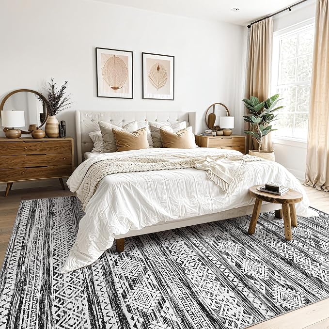 Tortania Area Rug Living Room Rugs - 8x12 Washable Large Soft Neutral Boho Moroccan Bohemian Farmhouse Rug Indoor Floor Carpet for Bedroom Under Dining Table Home Office Decor - Black White