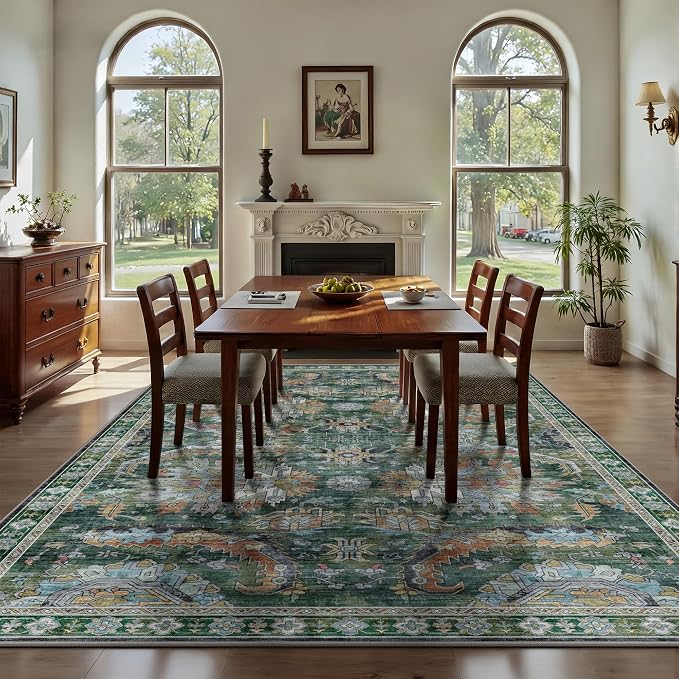 5x7 Area Rugs, Vintage Retro Soft Washable Rug, Non-Slip Low Pile Rugs for Living Room, Bedroom, Dining Room, Stain Resistant Home Decor Rug (Green)
