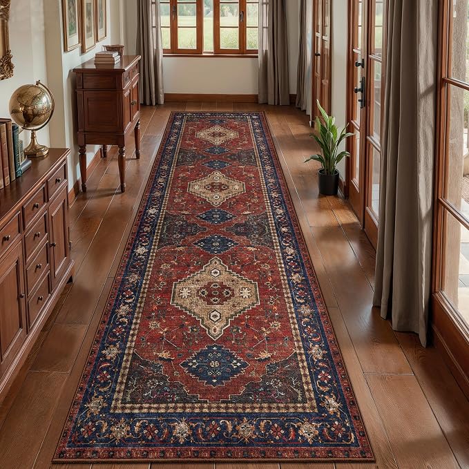 Tangsoo Red 2.6x10 Washable Hallway Runner Rug, Boho Non Slip Runner Rug | Oriental Soft Low Pile Long Rug 10ft Runner,Vintage Carpet Runners for Hallway Kitchen Bedroom Entryway Living Room Red Beige
