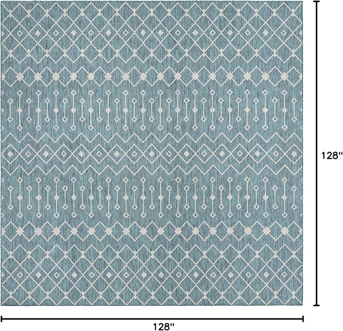 Unique Loom Outdoor Trellis Collection Area Rug - Tribal Trellis (10' 8" Square, Teal/ Ivory)