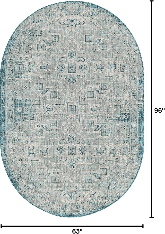 Unique Loom Outdoor Aztec Collection Area Rug - Coba (5' 3" x 8' Oval, Teal/ Ivory)
