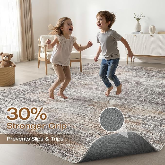 LOONGRUG 6x8 Area Rug Washable Neutral Modern Rug for Living Room Gray Rust | Abstract Soft Stain Resistant Indoor Non-Slip Carpet for Bedroom Nursery Kids Office Playroom Dining Room