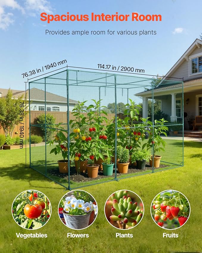 VEVOR Crop Cage, 9.5 x 6.36 x 6.36 ft Plant Protection Tent with Zippered Door, Wind-Resistant Tall Crop Cage, Easy to Install, Outdoor Raised Bed Cover, Tomato Plant Netting for Garden Patio Lawn
