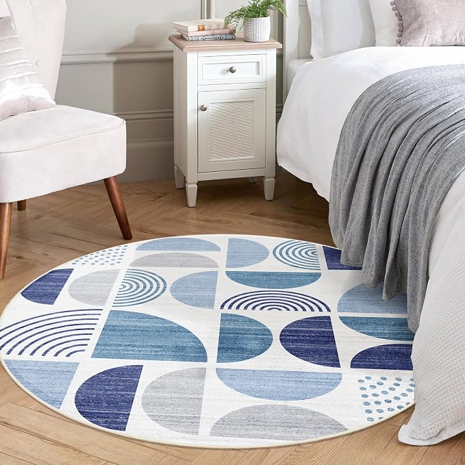 Round Rug 4ft Small Circle Area Rug Washable Non Slip Modern Abstract | Circular Rugs for Entryway Bedroom Kitchen Boho Throw Carpet Boho Soft Low Pile Floor Indoor Bohemian Navy Blue