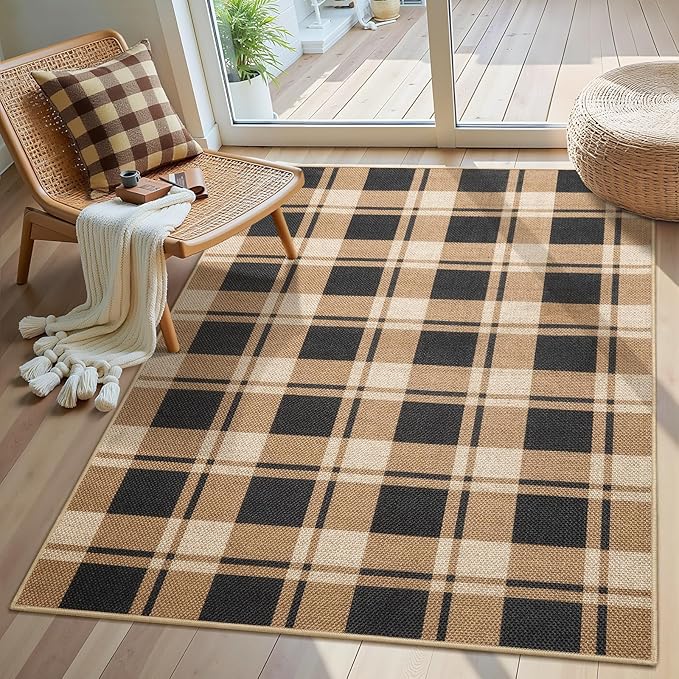 3x5 Plaid Jute Rug, Washable Non-Slip Checkered Rugs, Black/Brown | Washable Jute Area Rug With Non-Slip Backing, Low-Pile Texture, Farmhouse Geometric Pattern In Neutral Brown/Black, Durable
