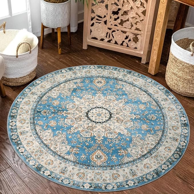 Lahome Felice Oriental Floral Medallion Round Rug - 3Ft Blue Small Round Area Rug, Soft Non-Slip Washable Bathroom Mat Indoor Throw Kitchen Carpet for Bedroom Chair Closet Decor