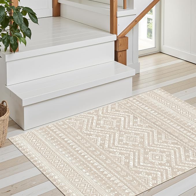 Miukiki 2x3 Entryway Rug Washable Non Slip Moroccan Area Rugs Brown | Soft Low Pile Kitchen Rug for Bedroom Bathroom Floor, Indoor Small Rug Easy Clean Machine Washable Rugs 2'x3'