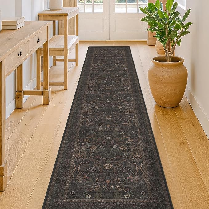 Washable Long 2x10 Hallway Runner Rug - 10ft Floral Foyer Rugs for Entryway, Traditional Botanical & Sunflower Kitchen Floor Mats (Brown and Black)