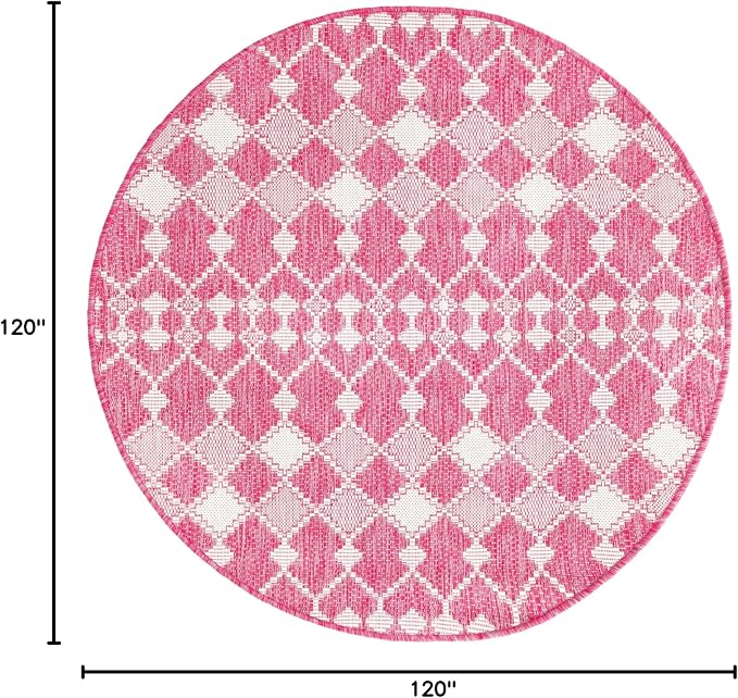 Unique Loom Outdoor Trellis Collection Area Rug - Traliccio (10' Round, Magenta/ Ivory)