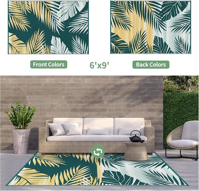 GENIMO Outdoor Rug 6' x 9' Waterproof for Patios Clearance, Reversible Outdoor Plastic Straw Camping Rug Carpet, Large Area Rugs Mats for RV, Deck, Balcony, Porch, Beach, Picnic, Cucumber Yellow&Green