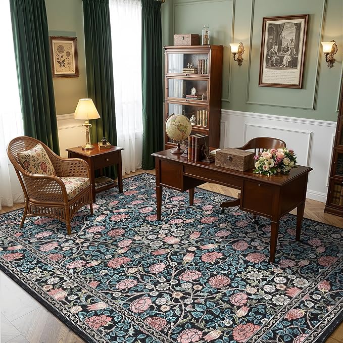 GarveeHome Blue Floral 6x9 Area Rug for Bedroom Living Room | Washable Dinning Room Dorm Office Rug Vintage Boho Rugs Low-Pile Non-Slip Stain Resistant TPE Backing
