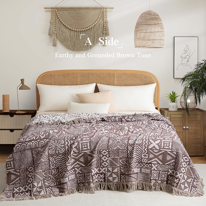 Phuryllic Boho Throw Blanket Full Size, Extra Large Soft Cozy Cotton Muslin Quilt Blanket for Bed Decor, Patchwork Block Couch Sofa Chair Cover, Vintage Farmhouse Cottage Woven Blanket, Brown&White