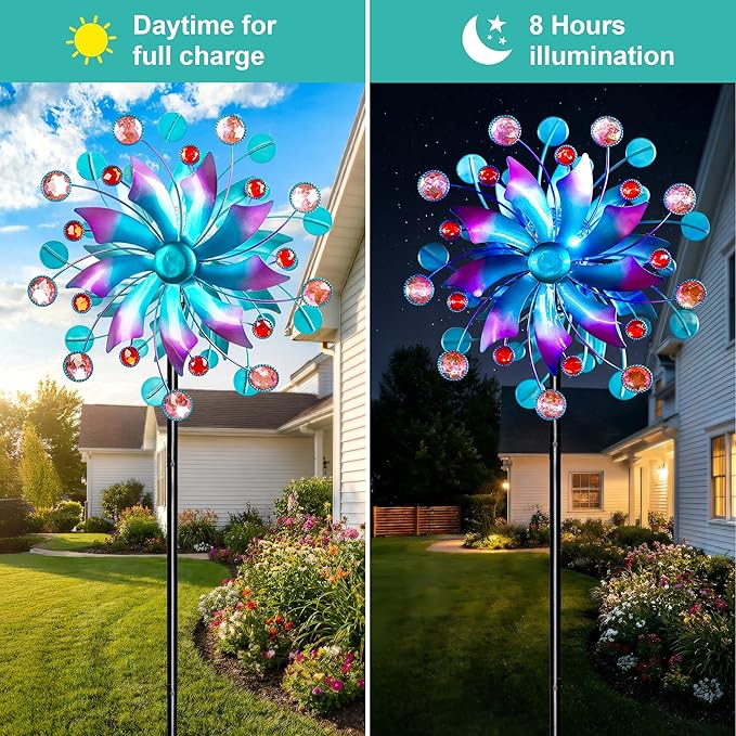 360°Solar Wind Spinner with Lights Blue Metal Garden Outdoor Decor Yard Lawn Art Decor for Patio Kinetic Windmills Unique Gifts for Friends and Family 60.63'' H x 13.38'' Dia