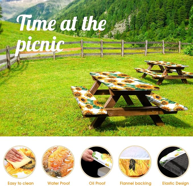 Boao 3 Pcs Vinyl Picnic Table Cover with Bench Cover 6 ft 30 x 72 Inch Waterproof Fitted Tablecloth Flannel Backing Rectangular Elastic Edged for Camping Outdoor Patio Travel(Sunflower)