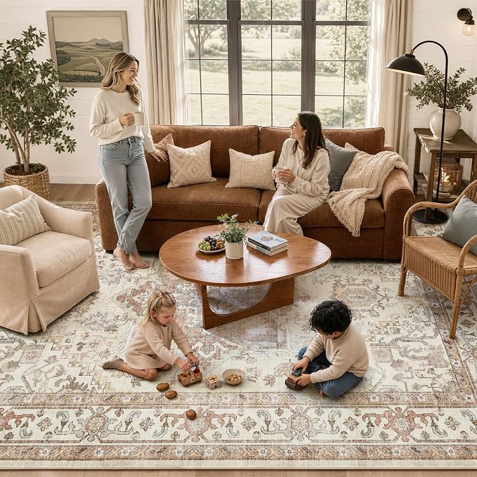 DTICON Vintage Washable 9x12 Area Rug Living Room Rugs, Beige | Boho Distressed, Pet & Kid Friendly, Non-Slip Backing, Soft Polyester, Low-pile Carpet for Living Room, Bedroom, Dining Room