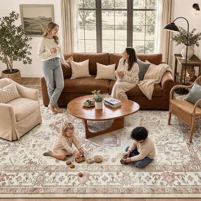 DTICON Vintage Washable 12x15 Area Rug Living Room Rugs, Beige | Boho Distressed, Pet & Kid Friendly, Non-Slip Backing, Soft Polyester, Low-pile Carpet for Living Room, Bedroom, Dining Room