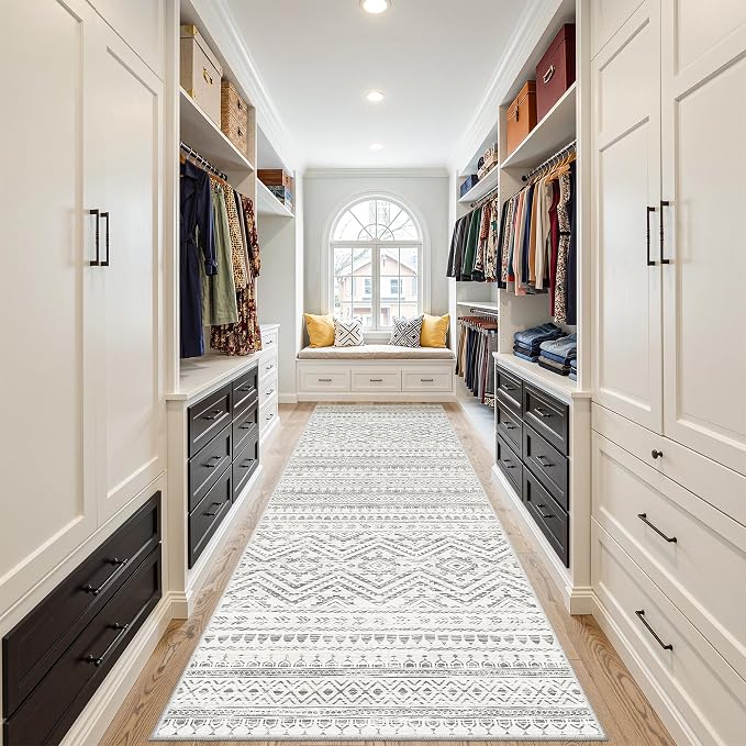 Miukiki 3x10 Runner Rug Washable Non Slip Runner Rug for Hallway Grey | Moroccan Kitchen Soft Low Pile Long Runner Rug for Entryway Living Room Bedroom Rug Stain Resistant Floor Carpet 3'x10'