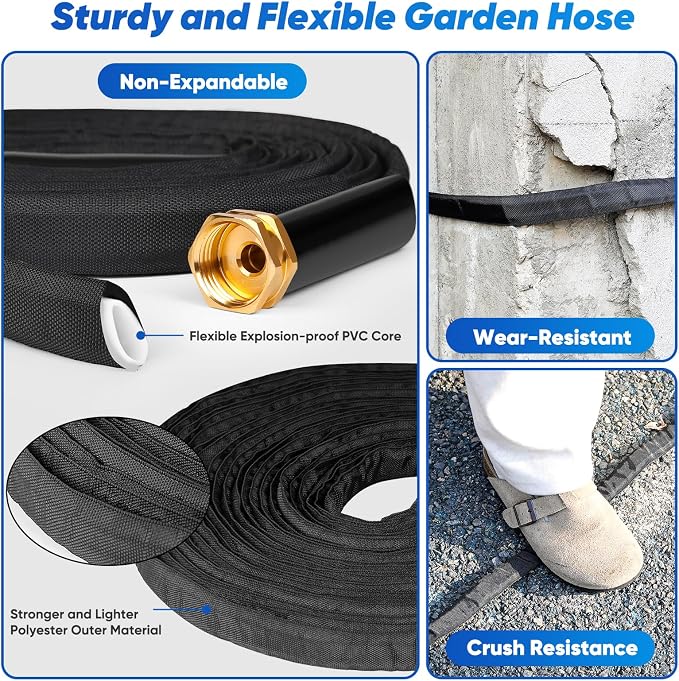 CXEZSIK Garden Hose 100ft Lightweight, Non-Expanding, Leak-Proof Metal Connector, No-Knot No-Tangle, Easy to Store and Carry, Wear-Resistant, 3/4GHT Flexible Water Hose for Yard, Outdoor (Black)