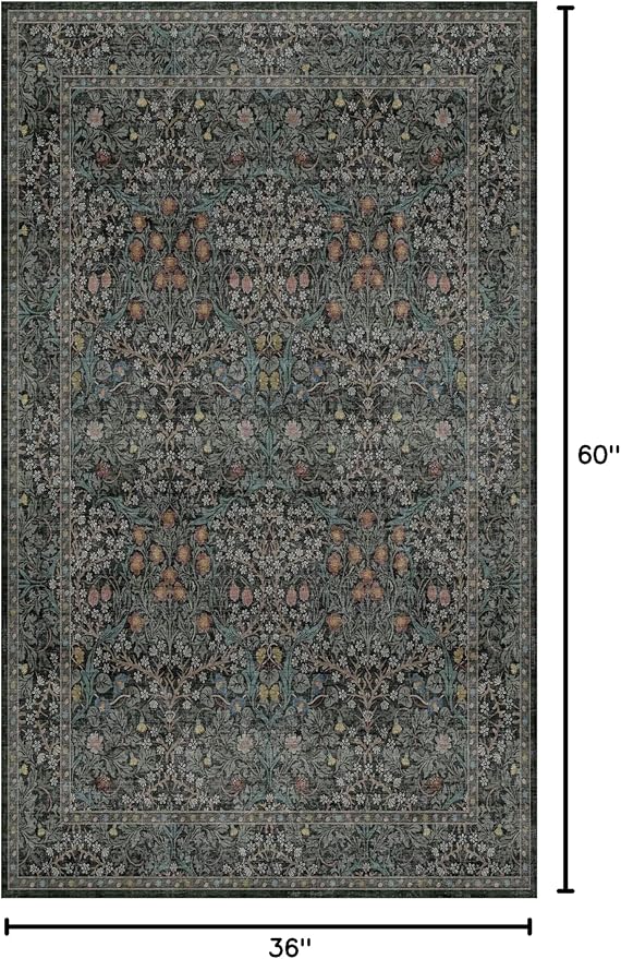 Vintage Floral Dark Green 3x5 Area Rugs for Entryway, Kitchen, Bedroom Beside Rug, Laundry Room, Non-Slip Low Pile Ultra Soft Stain Resistant Small Carpet