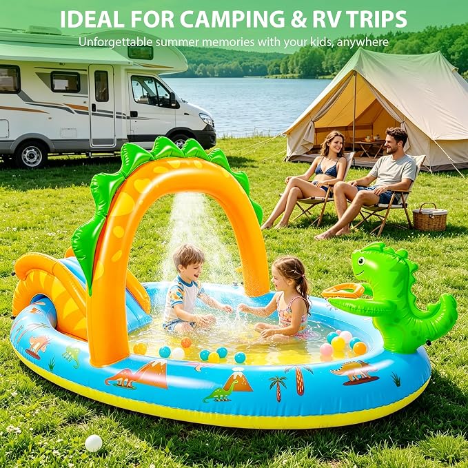 SULIFEEL 2026 Inflatable Dinosaur Play Center Kiddie Pool with Slide and Sprinkler for Children, Toddler Blow Up Splash Pad for Backyard and Garden 96"x59"x39"