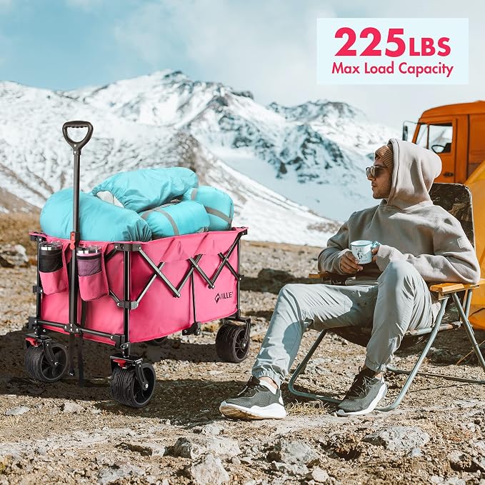 VILLEY Collapsible Folding Wagon with Big Wheels, Enlarged 225lbs Capacity, All Terrain Wagons Carts Heavy Duty Foldable, Portable Utility Garden Cart with 2 Cup Holders and Brake, Pink.