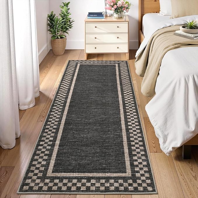GarveeHome Washable Runner Rug 2x10 Modern Bordered Hallway Runner Rug | Non Slip Kitchen Throw Carpet Checkered Low Pile Solid Area Rugs for Entryway Living Room Bedroom Nursery Sink, Black