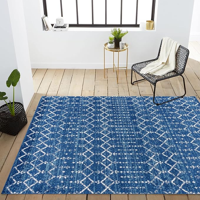 JONATHAN Y Boho Vintage Diamond Blue/White Indoor Area Rug 3X5 ft, Moroccan Hype for Living Room, Bedroom, Kitchen, Office, Easy-Cleaning, High Traffic, Pet-Friendly, Non-Shedding (MOH101A-3)