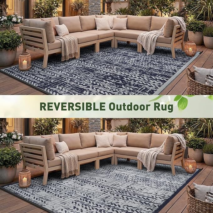 MontVoo Outdoor Rug Waterproof-Patio Rug Mat 5x8 Outdoor RV Camping Picnic Beach Mat Plastic Straw Rugs Outside Outdoor Area Rugs for Balcony Deck Backyard Navy Blue