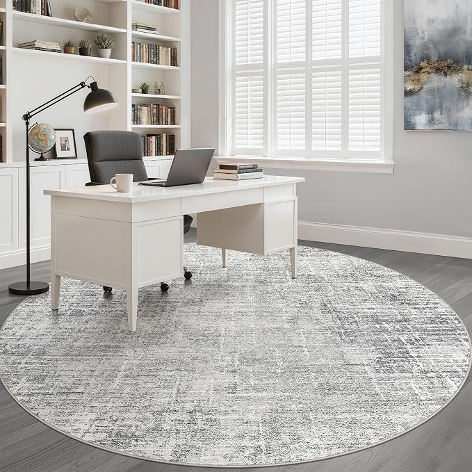 LOONGRUG Round Rug 6x6 Washable Neutral Modern Rug for Living Room Grey | Circle Abstract Soft Stain Resistant Indoor Non-Slip Carpet for Bedroom Nursery Kids Office Playroom