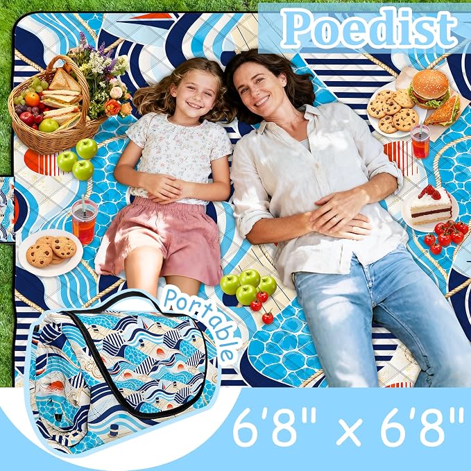 Extra Large Picnic Blanket Waterproof,80"x 80"Foldable Machine Washable Outdoor Blanket,Blue Beach Blanket for 6-8 Adults,Picnic Mat Suitable for Indoor Crawling,Park Beach,Camping,Hiking,Travel
