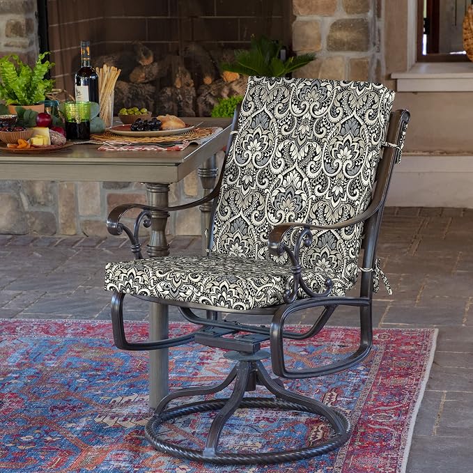 Arden 2-Pack Patio Dining Outdoor Chair Cushions, 20x44, Rain-Proof Seat Pad, Fade-Resistant Outdoor Cushion Black Aurora Damask
