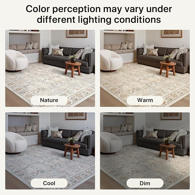 4x6 Area Rug for Living Room, Washable Low Pile, Beige Grey | Vintage Distressed Design, Spill Resistant Lightweight Non-Shedding Carpet for Bedroom, Dining Room, Office
