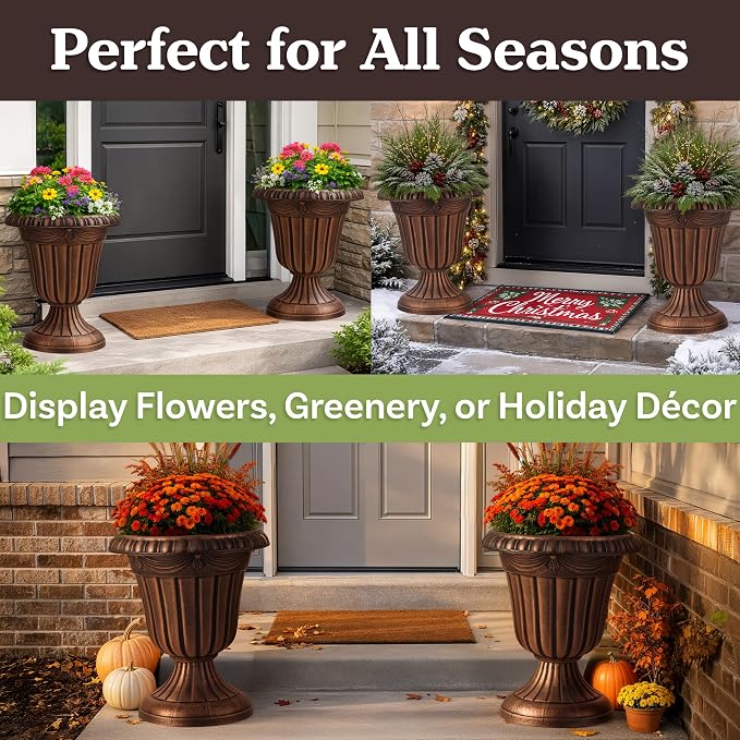 Outdoor Planter 2-Pack - 16x18-Inch Urn Planters for Front Porch Decor, Indoors, Patio or Entryway - Plastic Plant Pots - Large Decorative Flower Pots by Pure Garden (Rustic Bronze)