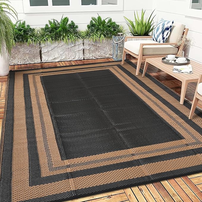 Garvee 8x10 Outdoor Rug Waterproof Plastic Straw Rug Outdoor Patio Rugs Reversible Mat Easy Clean Foldable Lightweight Large Area Rugs for Patio Porch Backyard Camping RV Beach Balcony Panel Brown