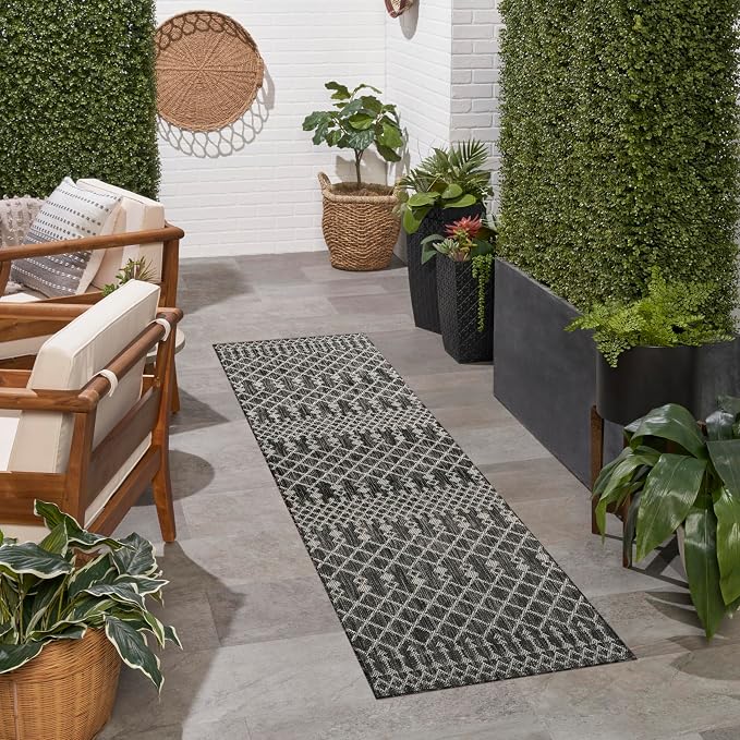 Nourison Home Positano Black 2'2" x 12' Area Rug - Easy Clean, Non Shedding, Bed Room, Living Room, Dining Room, Kitchen (12' Runner)