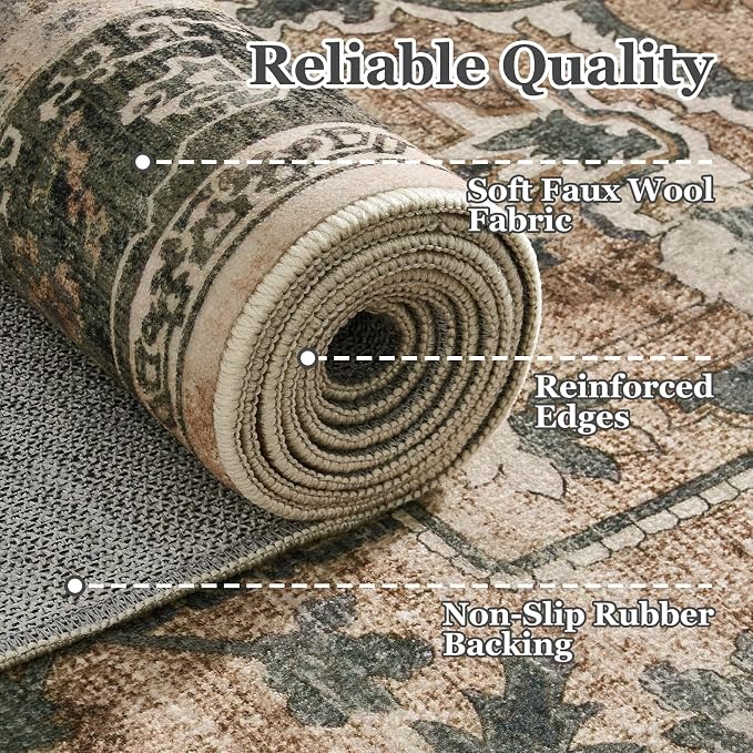 Vintage Distressed 5x8 Area Rugs for Living Room Bedroom, Low Pile Machine Washable Non Slip Dining Room Carpet Rugs for Under Table/Home Office/Kitchen, Multi Brown with Olive Accents