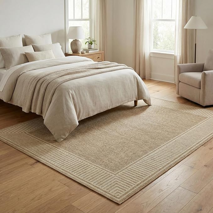 Garvee Large Washable Rug 9x12 Modern Bordered Living Room Rug Jute | Non Slip Soft Foldable Indoor Carpet Stain-Resistant Low Pile Floor Cover for Bedroom Nursery Office Dorm Kids Room Playroom